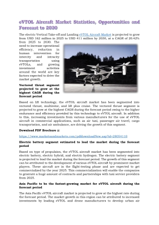 eVTOL Aircraft Market Statistics, Opportunities and Forecast to 2030