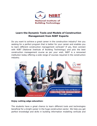 Learn the Dynamic Tools and Models of Construction Management from NIBT Experts