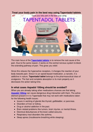 Treat your body pain in the best way using Tapentadol tablets
