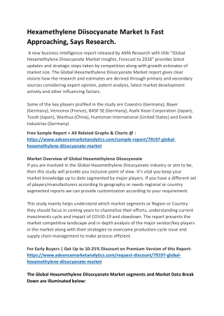 Hexamethylene Diisocyanate Market Is Fast Approaching, Says Research.