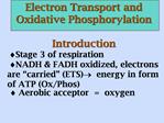 Electron Transport and Oxidative Phosphorylation Introduction Stage 3 of respiration NADH FADH oxidized, electrons a