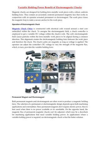 Variable Holding Power Benefit of Electromagnetic Chucks