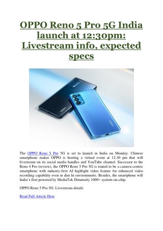 OPPO Reno 5 Pro 5G India launch at 12:30pm: Livestream info, expected specs