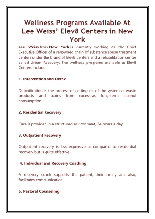 Wellness Programs Available At Lee Weiss’ Elev8 Centers in New York