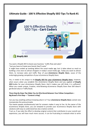 Ultimate Guide - 100 % Effective Shopify SEO Tips  To Rank #1