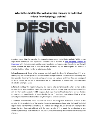 What is the checklist that web designing company in Hyderabad follows for redesigning a website?
