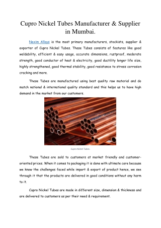 Cupro Nickel Tubes Manufacturer in India.