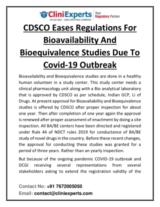 CDSCO Eases Regulations For Bioavailability And Bioequivalence Studies Due To Covid-19 Outbreak