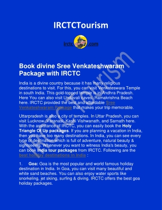 Book divine Sree Venkateshwaram Package with IRCTC