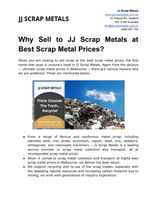 Why Sell to JJ Scrap Metals at Best Scrap Metal Prices?