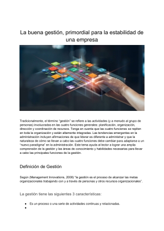La Buena Gestión, Primordial Para La Estabilidad De Una Empresa