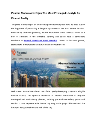 Piramal Mahalaxmi South Mumbai Apartments