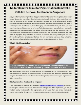 Go for Reputed Clinic for Pigmentation Removal & Cellulite Removal Treatment in Singapore