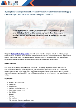 Hydrophilic Coatings Market