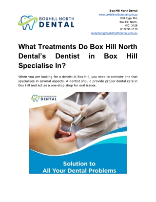 What Treatments Do Box Hill North Dental’s Dentist in Box Hill Specialise In?