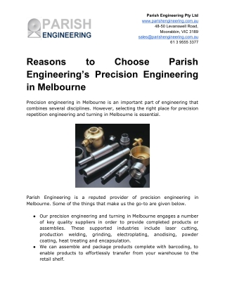 Reasons to Choose Parish Engineering’s Precision Engineering in Melbourne