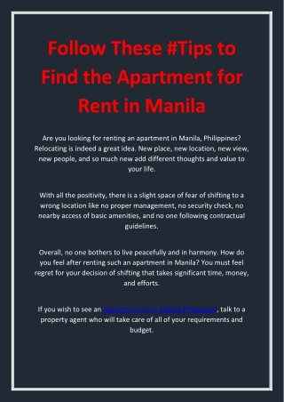 Follow These #Tips To Find The Apartment For Rent In Manila