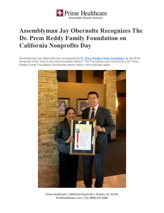 Assemblyman Jay Obernolte Recognizes The Dr. Prem Reddy Family Foundation on California Nonprofits Day