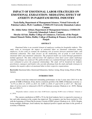 IMPACT OF EMOTIONAL LABOR STRATEGIES ON EMOTIONAL EXHAUSTION: MEDIATING EFFECT OF ANXIETY IN PAKISTANI HOTEL INDUSTRY