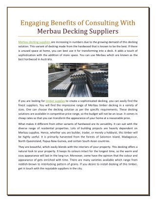 Engaging Benefits of Consulting With Merbau Decking Suppliers