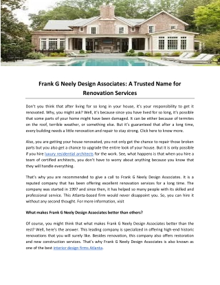 Frank G Neely Design Associates: A Trusted Name for Renovation Services