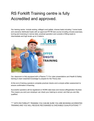 RS Forklift Training centre is fully Accredited and approved.