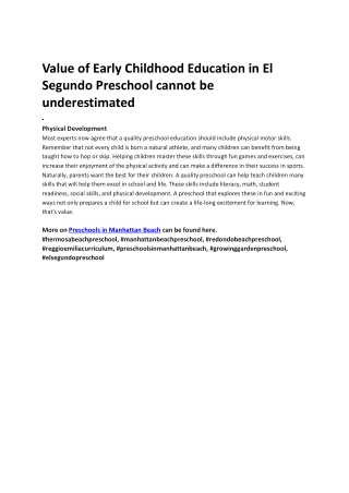 Value of Early Childhood Education in El Segundo Preschool cannot be underestimated