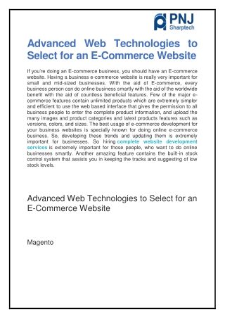 Advanced Web Technologies to Select for an E-Commerce Website