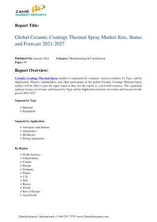 Ceramic Coatings Thermal Spray Market Size, Status and Forecast 2021-2027