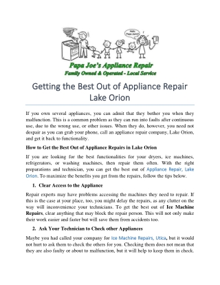 Getting the Best Out of Appliance Repair Lake Orion