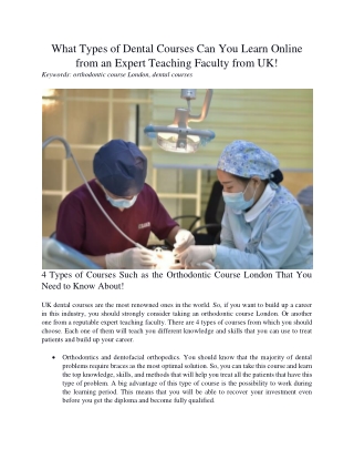 What Types of Dental Courses Can You Learn Online from an Expert Teaching Faculty from UK!