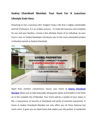Godrej Chandivali Mumbai - New Residential Apartments in Mumbai