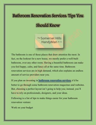 Bathroom Renovation Services | Thesomersethillshandyman