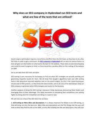 Why does an SEO company in Hyderabad run SEO tests and what are few of the tests that are utilized?