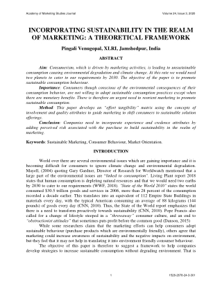 INCORPORATING SUSTAINABILITY IN THE REALM OF MARKETING: A THEORETICAL FRAMEWORK