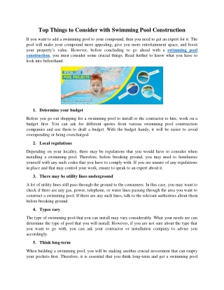 Top Things to Consider with Swimming Pool Construction