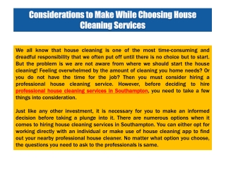 Considerations to Make While Choosing House Cleaning Services