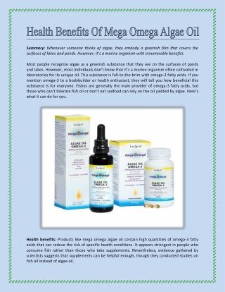 Health Benefits Of Mega Omega Algae Oil