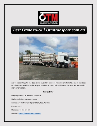 Best Crane truck | Otmtransport.com.au