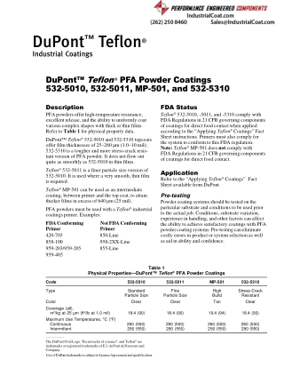 Teflon PFA Fact Sheets 532-5010, 532-5011, MP-501, and 532-5310