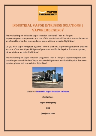 industrial Vapor Intrusion solutions | Vaporemergency