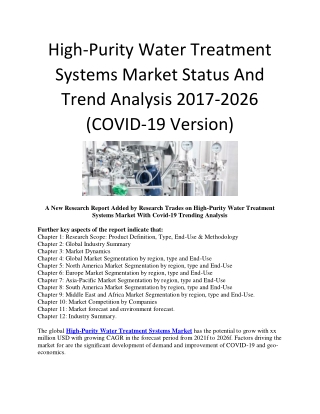 High-Purity Water Treatment Systems Market Status And Trend Analysis 2017-2026 (COVID-19 Version)