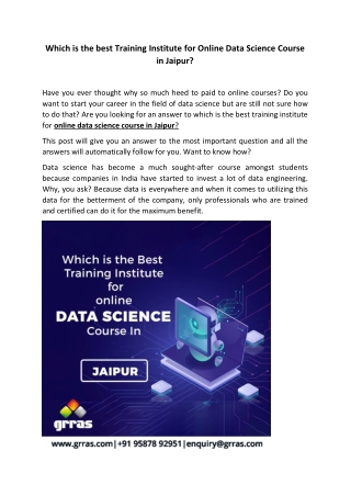 Which is the best Training Institute for Online Data Science Course in Jaipur?