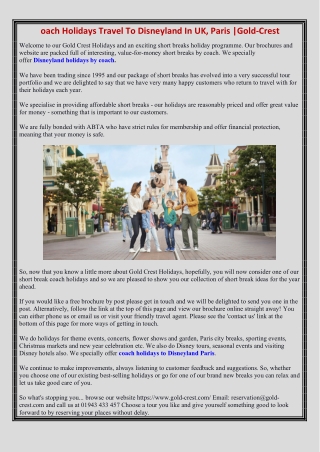 oach Holidays Travel To Disneyland In UK, Paris |Gold-Crest