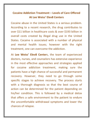 Cocaine Addiction Treatment – Levels of Care Offered At Lee Weiss’ Elev8 Centers