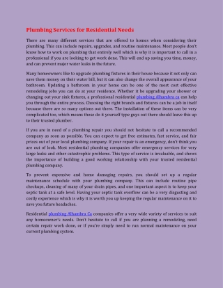 Plumbing Services for Residential Needs