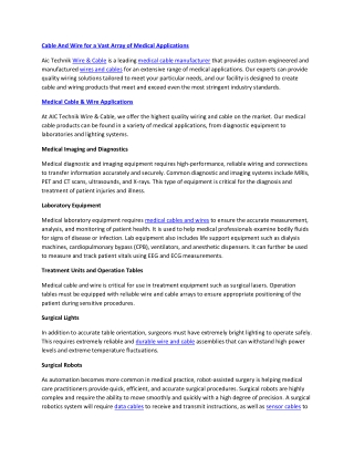 Cable And Wire for a Vast Array of Medical Applications