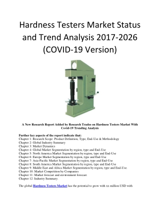 Hardness Testers Market Status and Trend Analysis 2017-2026 (COVID-19 Version)
