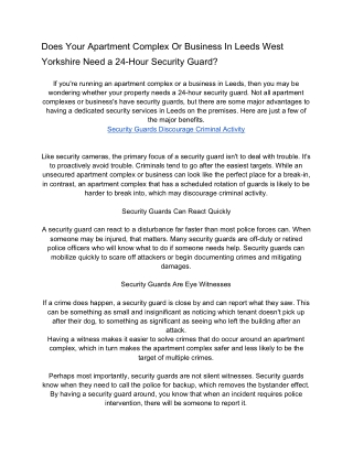 Does Your Apartment Complex Or Business In Leeds West Yorkshire Need a 24-Hour Security Guard?