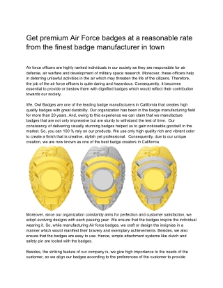Get premium Air Force badges at a reasonable rate from the finest badge manufacturer in town